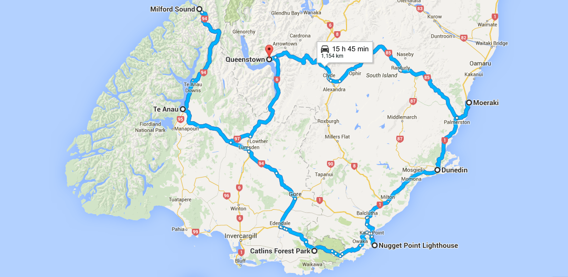 South Island Road Trip Map of New Zealand