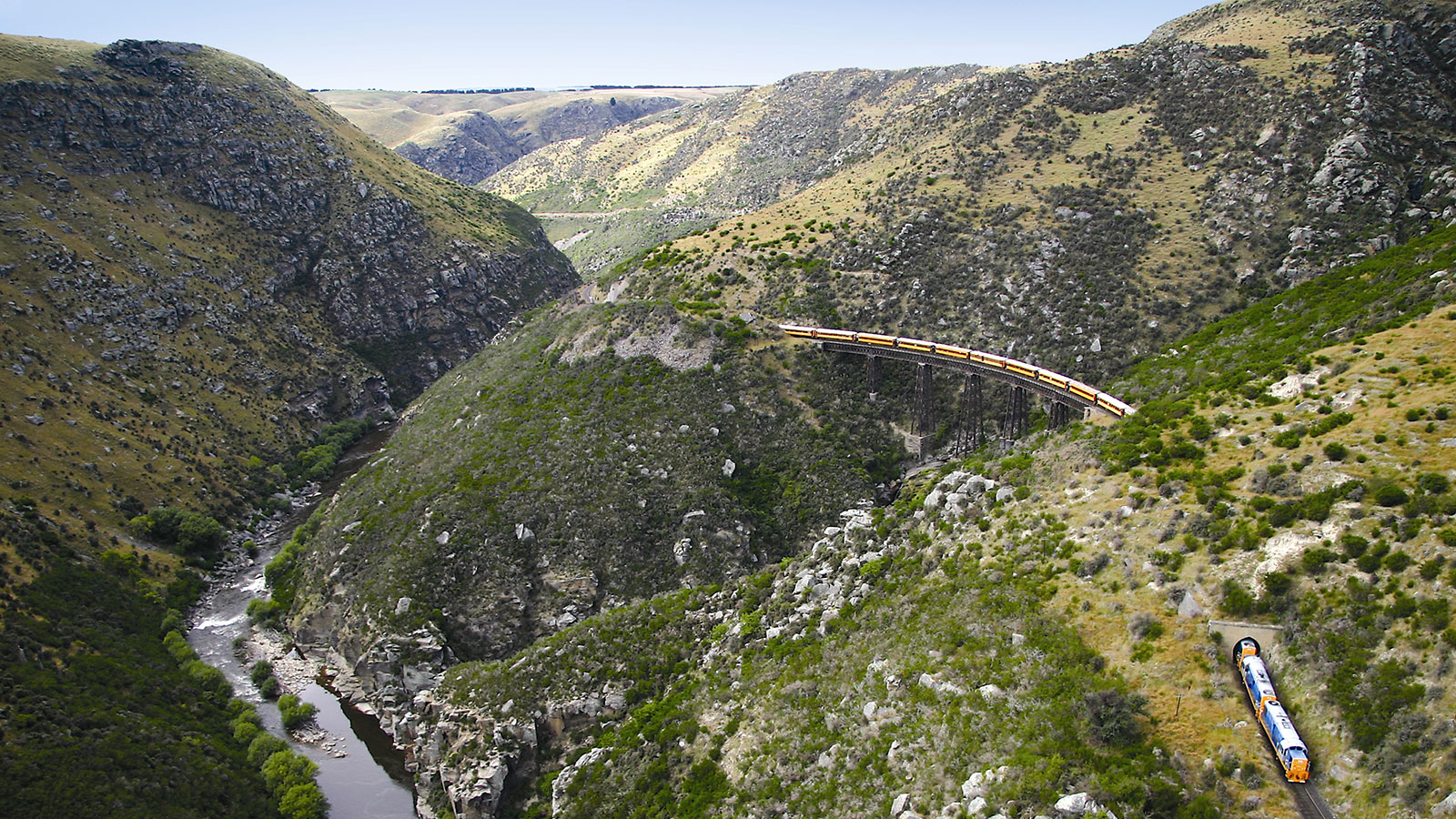 Dunedin trains passing through mountains