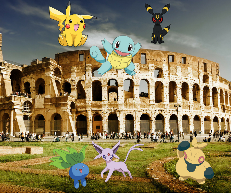 Pikachu, Squirtle, and few other Pokemons near the Colosseum in Rome