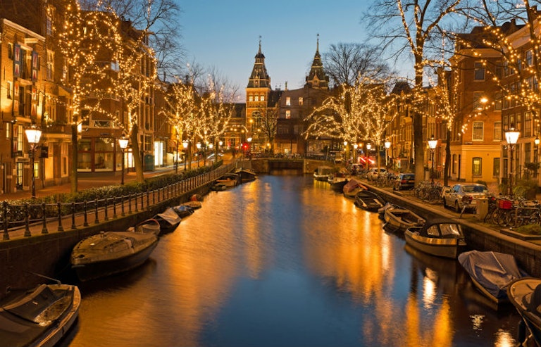 Amsterdam's lit canals during Christmas