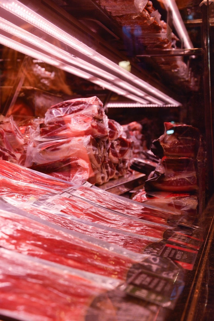 Stacks of Hams in the biggest market in Barcelona
