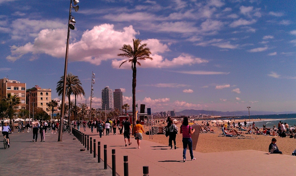 A busy Barceloneta Beach, one of the best beaches in Barcelona 