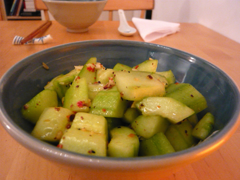 A cucumber salad in a bowl