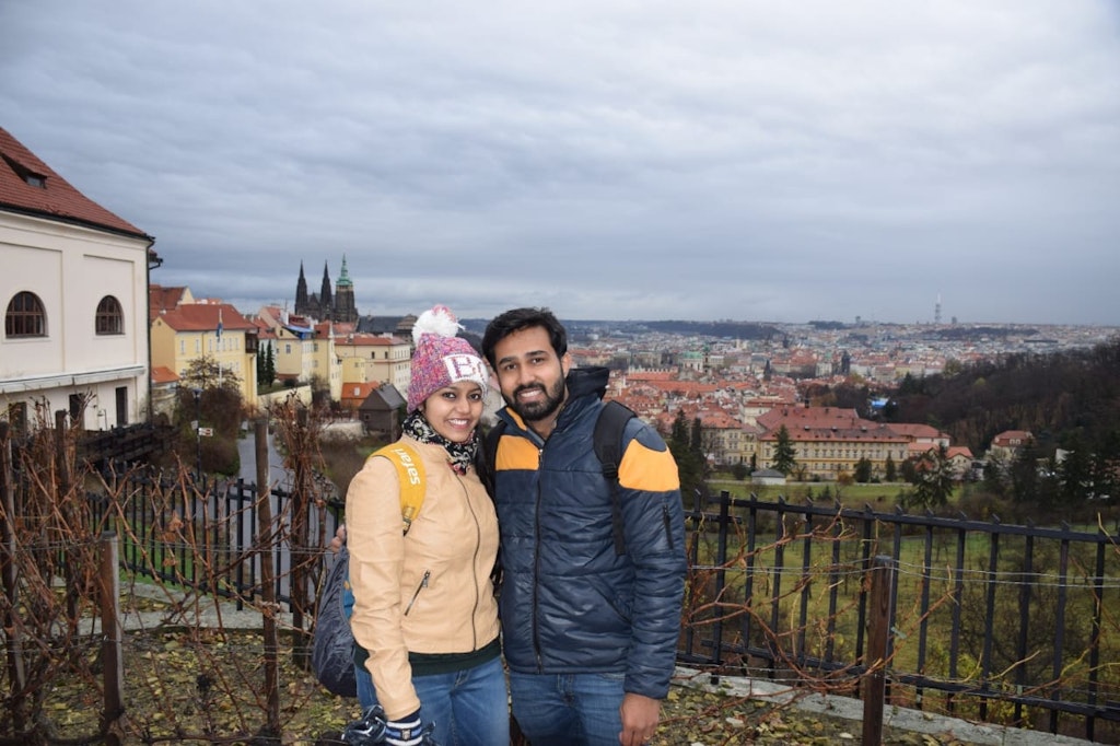 A happy honeymoon couple in Prague in Central Europe