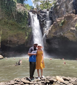 a picture with my wife at waterfall