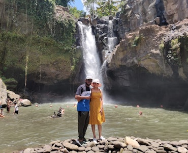 a picture with my wife at waterfall