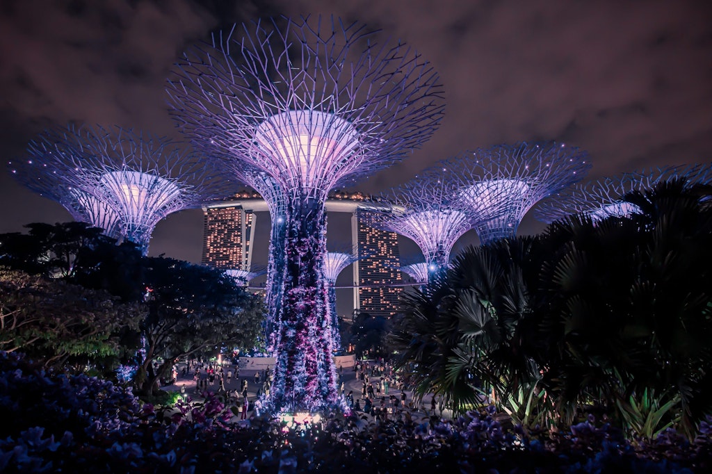 Gardens by the Bay at nighttime, one of the best free things to do in SIngapore
