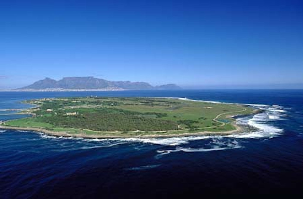 Aerial of Robben Island and Table Mountain in South Africa