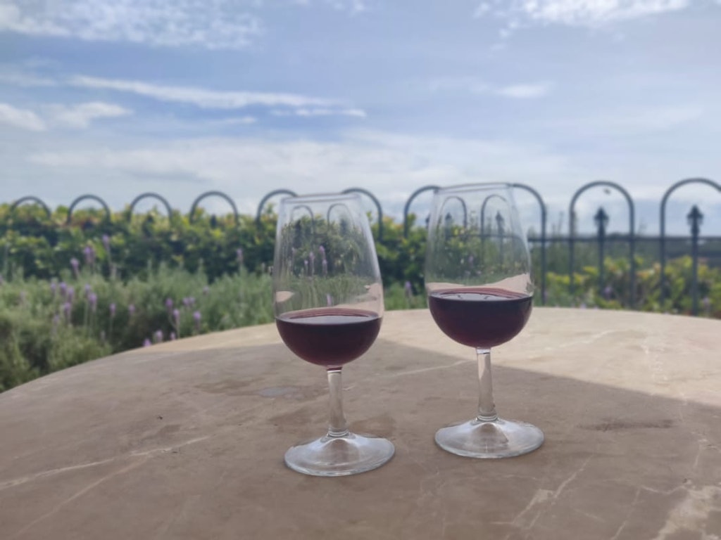 A picture of two glasses of red wine with a beautiful background