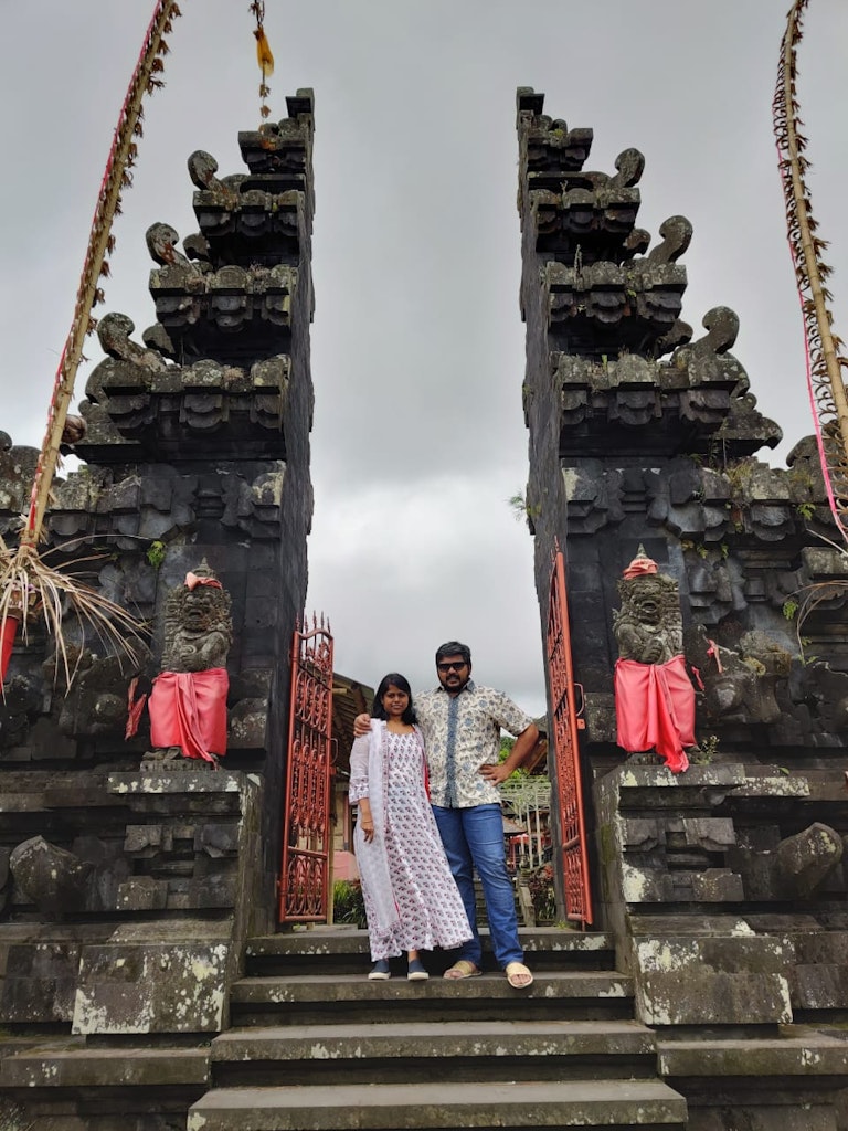 at the gateway of heaven during our trip to Bali