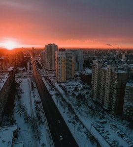 A drone shot of the streets of Kiev.