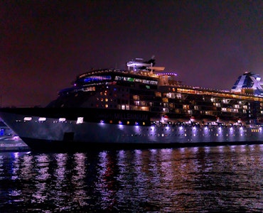 A cruise ship at night