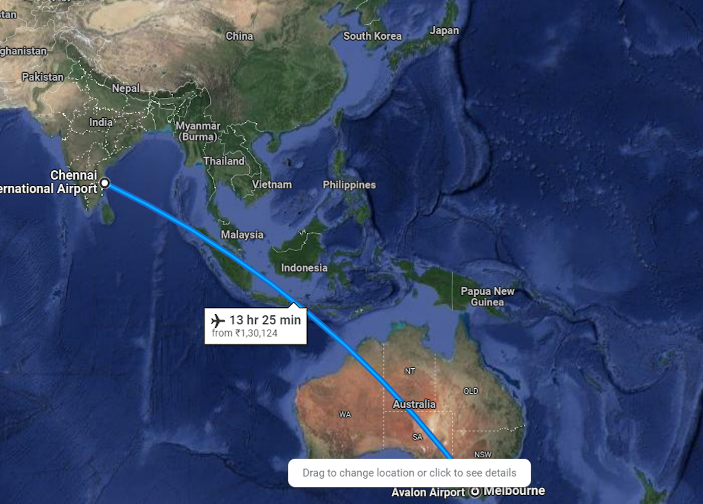 flight travel time from india to australia